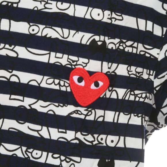 Comme Des Garçons Play S Striped LS Tee Shirt Navy White Graffiti Red Heart NWT - Picture 3 of 7